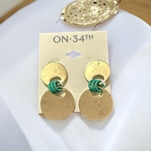 ON 34TH Gold Disc Drop Earrings with Green Link Accent